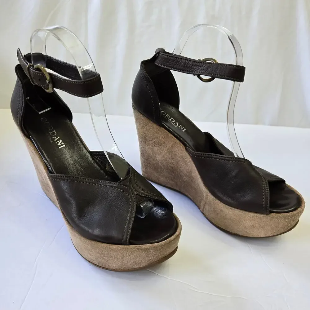 Cordani Made in Italy Platform Wedge Sandals Brown Leather & Suede Heel Size 9